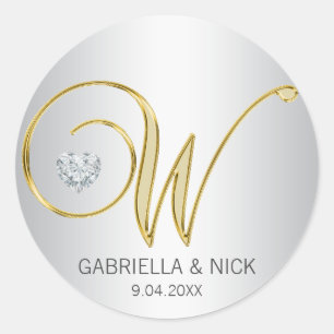 Adesivo Casamento Dourado de Monogramas de Prata Elegante