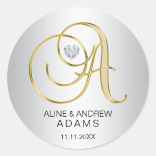 Adesivo Casamento Dourado de Monogramas de Prata Elegante