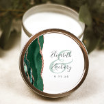 Adesivo Casamento Dourado do Emerald Green Rosa do Script<br><div class="desc">Este elegante e moderno adesivo de casamento apresenta uma esmeralda cor d'água verde agate design com falso brilho rosa dourado. Personalize facilmente o texto das cinzas de carvão em um fundo branco,  com os nomes da noiva e do noivo em caligrafia manual sobre um grande e verde.</div>