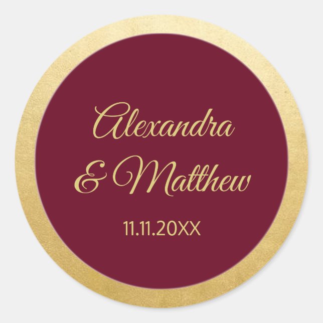 Adesivo Casamento Dourado Elegante Personalizado Burgundy (Frente)