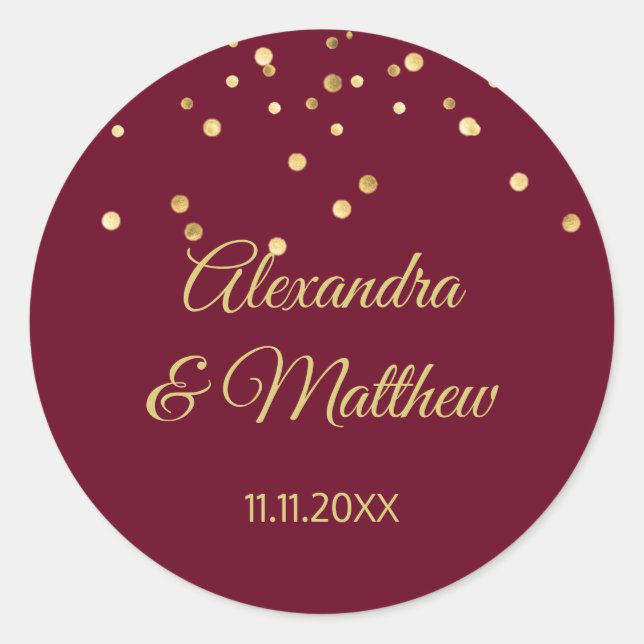 Adesivo Casamento Dourado Elegante Personalizado Burgundy (Frente)