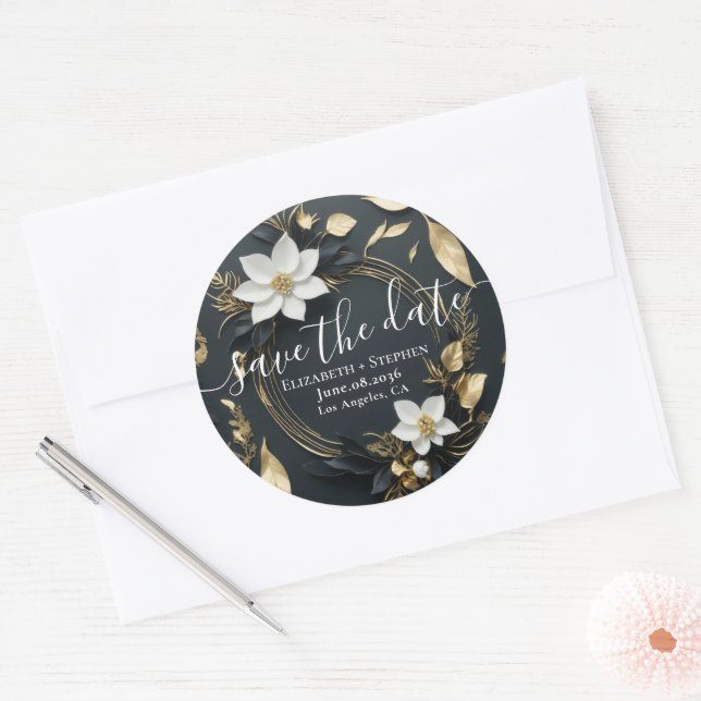 Adesivo Casamento Dourado Floral Branco Salva A Data (Envelope)