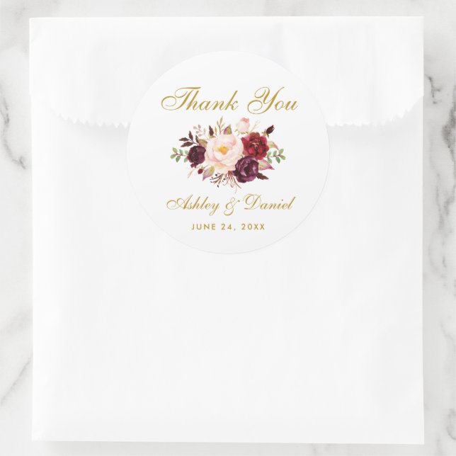 Adesivo Casamento Dourado Floral Burgundy - Obrigado (Bolsa)