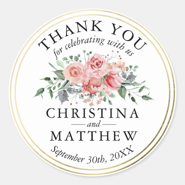 Adesivo Casamento Dourado Floral Cor-de-Água Rosa, Obrigad (Frente)