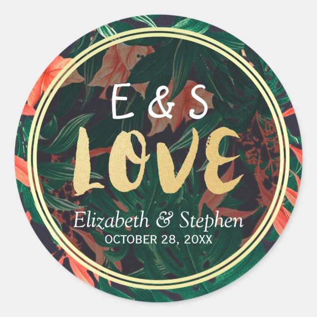 Adesivo Casamento Dourado Floral Tropical Obrigado A Favor (Frente)