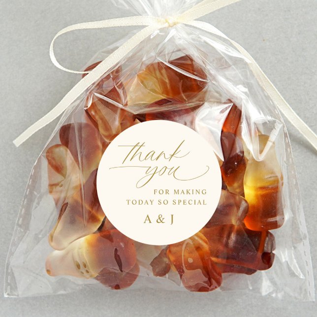 Adesivo Casamento Dourado romântico e creme de marfim Obri (Wedding thank you stickers on candy bag favors - gold and light cream / ivory - romantic script)