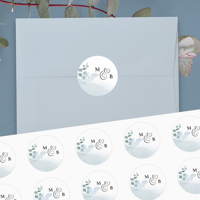 Adesivo Casamento Dusty Eucalyptus Elegante Monogrammed (Criador carregado)