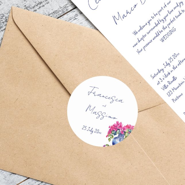 Adesivo Casamento elegante de Bougainvillea, Azulejos fran (Blue French Tiles Bougainvillea elegant Mediterranean wedding envelope Sticker bride and groom names)