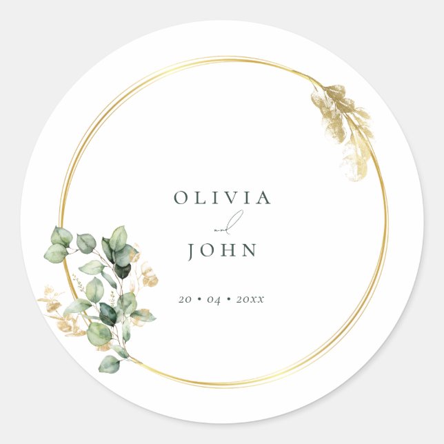 Adesivo Casamento Elegante Dourado Eucalipto Verde (Frente)