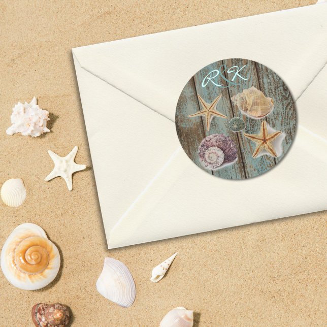 Adesivo casamento elegante e romântico de conchas de praia (elegant romantic cottage seashells beach wedding classic round sticker)