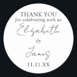 Adesivo Casamento Elegante Negro E Branco Obrigado<br><div class="desc">Este obrigado de casamento elegante e minimalista preto e branco que você cola pode ser personalizado com suas informações em tipografia quic. Projetado por Thisnotme©</div>