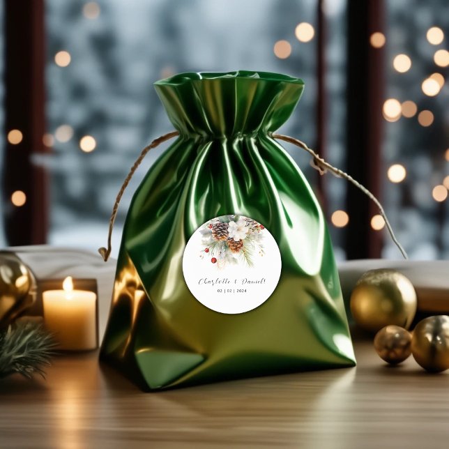 Adesivo Casamento Elegante Winter Evergreen & Rowan Berrie (Winter Evergreen & Rowan Berries Wedding Classic Round Sticker)
