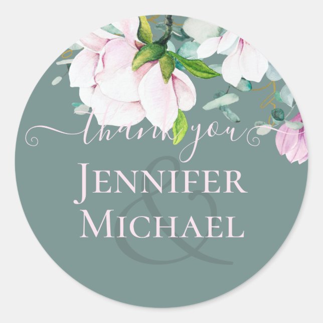 Adesivo Casamento Eucalyptus, Magnolias Rosa, Obrigado C (Frente)