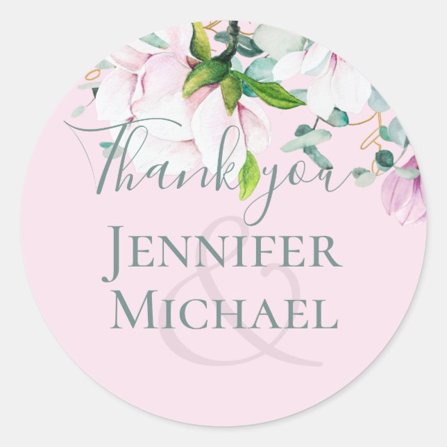 Adesivo Casamento Eucalyptus, Magnolias Rosa, Obrigado C (Frente)