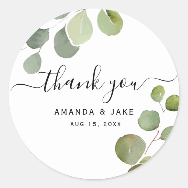 Adesivo Casamento Eucalyptus, Script Moderno Chic, Obrigad (Frente)