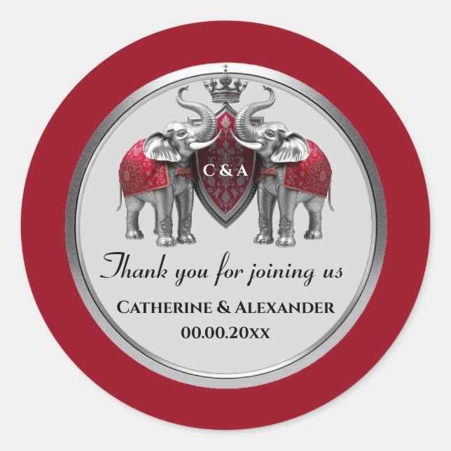 Adesivo casamento favorece elefantes prateados coroa real  (Frente)