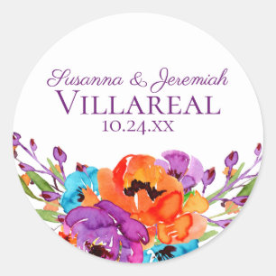 Adesivo Casamento floral alaranjado roxo da aguarela