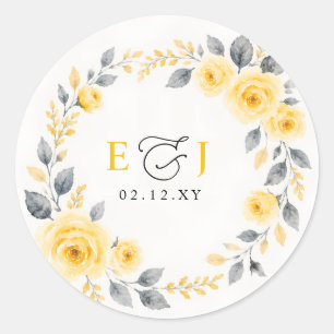 Adesivo Casamento Floral Aquarela Elegante Amarelo Cinza