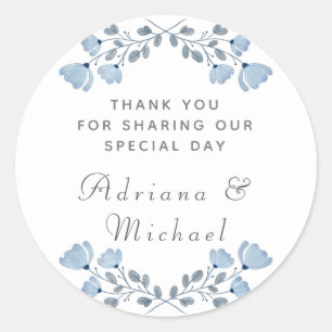 Adesivo Casamento Floral Azul Dusty Obrigado Sticker