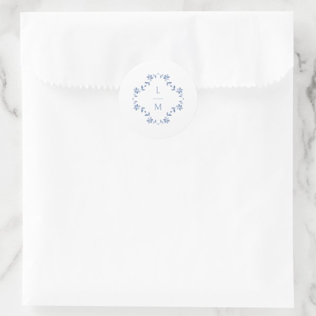 Adesivo Casamento Floral Azul e Branco Monograma (Bolsa)