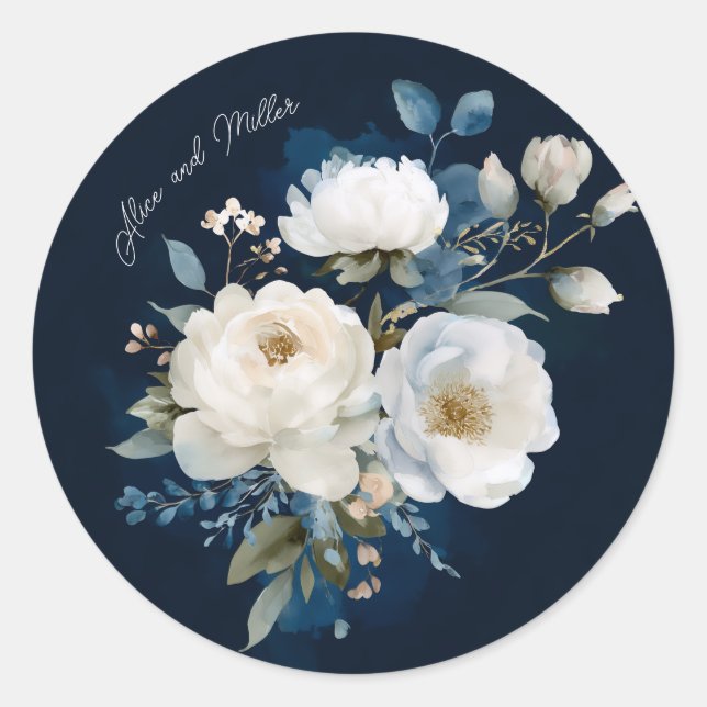 Adesivo Casamento Floral Azul e Branco Obrigado (Frente)