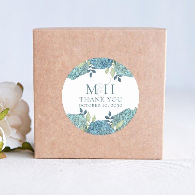 Adesivo Casamento Floral Azul Obrigado Personalizado (Blue hydrangea wedding favor custom sticker)