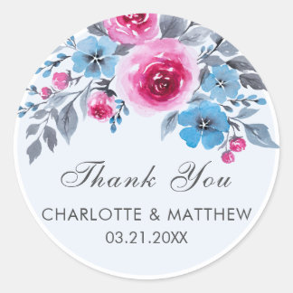 Adesivo Casamento Floral Blue Watercolor Obrigado