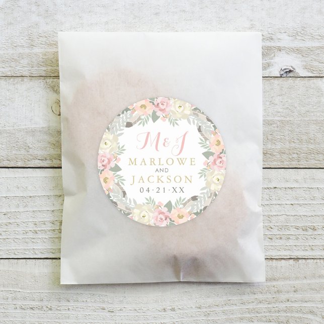 Adesivo Casamento Floral Boho Monograma Rosa Bege Dourado (Criador carregado)