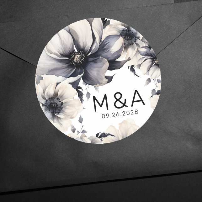 Adesivo Casamento Floral Branca Negra-Negra-Elegante Moder (Modern Elegant Boho Floral Black White Wedding Classic Round Sticker)