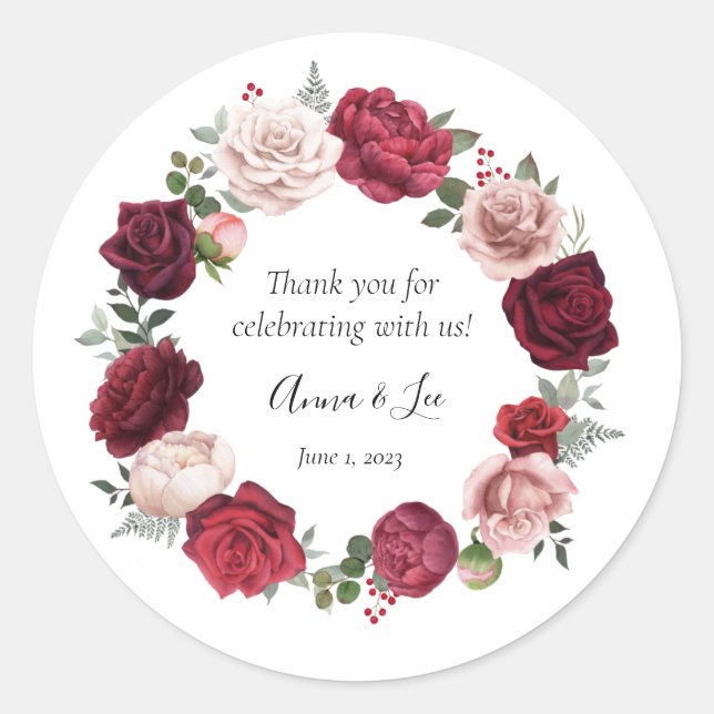 Adesivo Casamento Floral Burgundy Blush Obrigado Stickers (Frente)