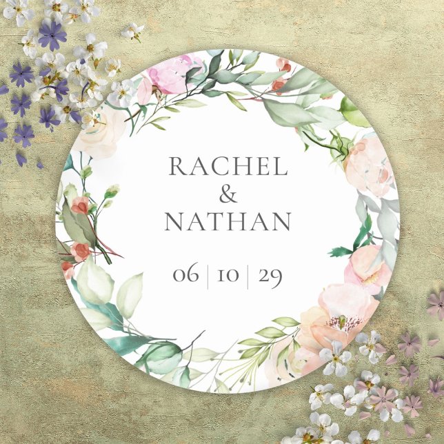 Adesivo Casamento Floral de Elegante Watercolor Greenery (Elegant Watercolor Greenery Floral Wedding Classic Round Sticker)