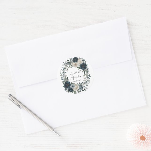 Adesivo Casamento Floral de Marfim Elegante e marinho Azul (Envelope)