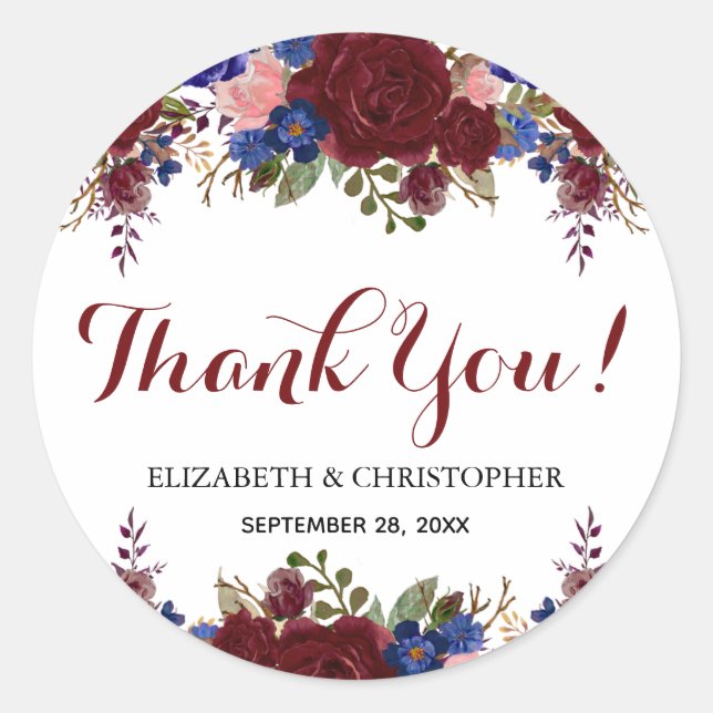 Adesivo Casamento Floral De Marsala Marinho Obrigado (Frente)