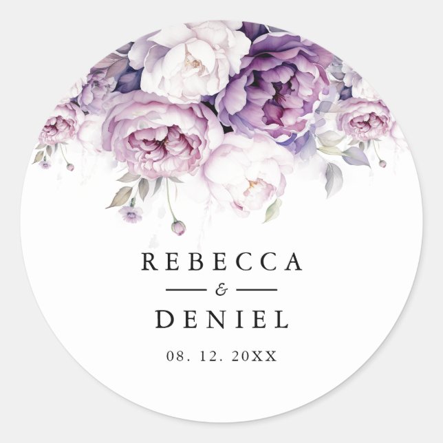 Adesivo Casamento Floral de Rosa de Água Púrpura Elegante (Frente)