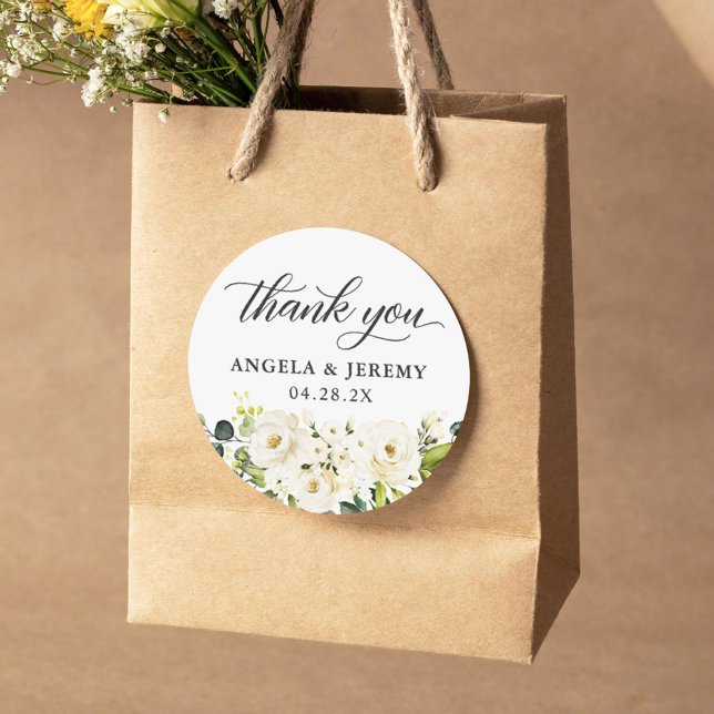 Adesivo Casamento Floral de Rosas Brancas Greenery Obrigad (Perfect for sealing envelopes, embellishing gift bags, or adding a personal touch to wedding favors.)