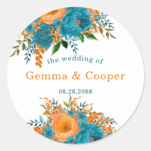Adesivo Casamento Floral de Teal e Orange Watercolor