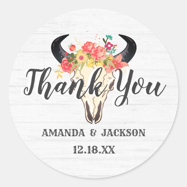 Adesivo Casamento Floral Do Crânio Da Boêmia - Obrigado (Frente)