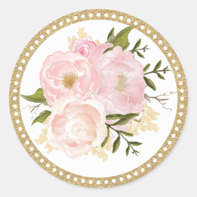 Adesivo Casamento Floral Dourado Rosa, Obrigado, Vinheta R (Frente)