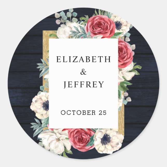 Adesivo Casamento Floral Dourado Rústico Marinho de Madeir (Frente)