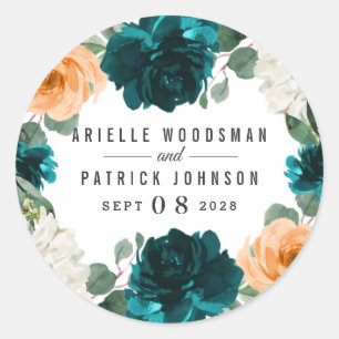 Adesivo Casamento Floral Elegante Azul-Turquesa-Laranja