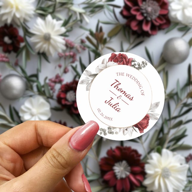Adesivo Casamento Floral Elegante Burgundy & Silver (Elegant Burgundy & Silver Floral Wedding Classic Round Sticker)