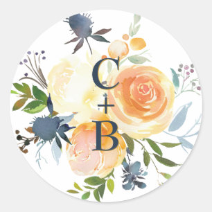 Adesivo Casamento Floral em Aquarela Azul Marinho e Coral
