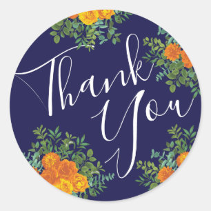 Adesivo Casamento Floral Laranja e Marinho Azul