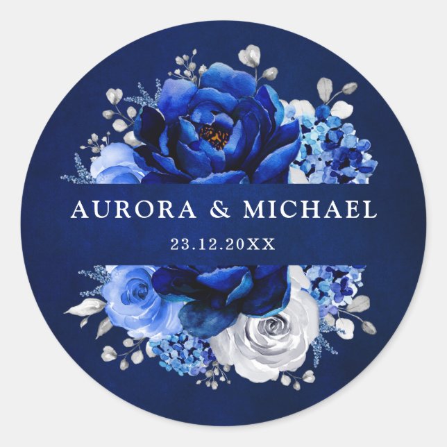 Adesivo Casamento Floral Metálico Real Azul Prata Branca C (Frente)