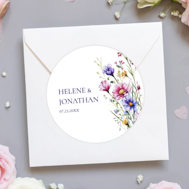 Adesivo Casamento Floral Moderno de Flor Selvagem (Modern Wildflower Floral Wedding Classic Round Sticker)
