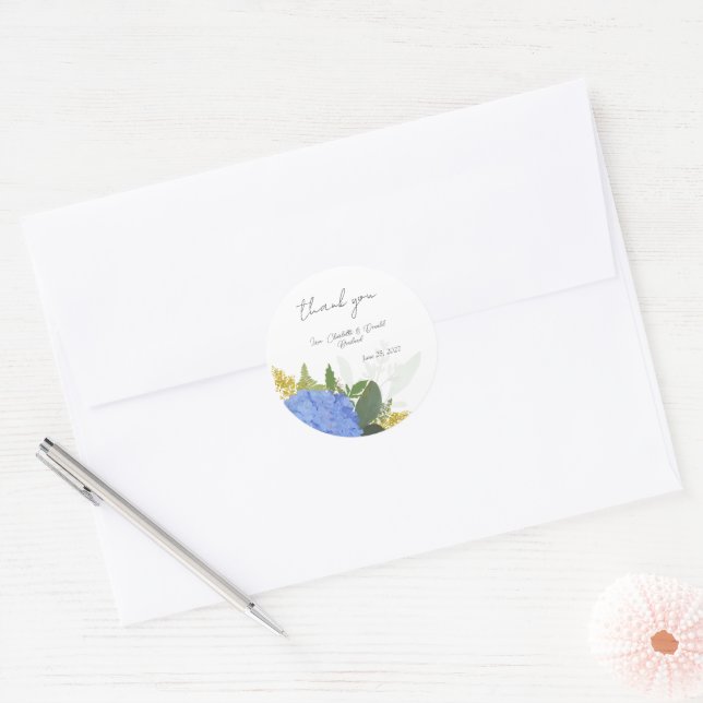 Adesivo Casamento Floral Moderno Hydrangea Azul Obrigado (Envelope)