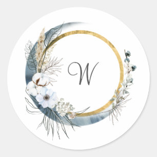 Adesivo Casamento Floral Monograma Boho Azul Branco Dourad