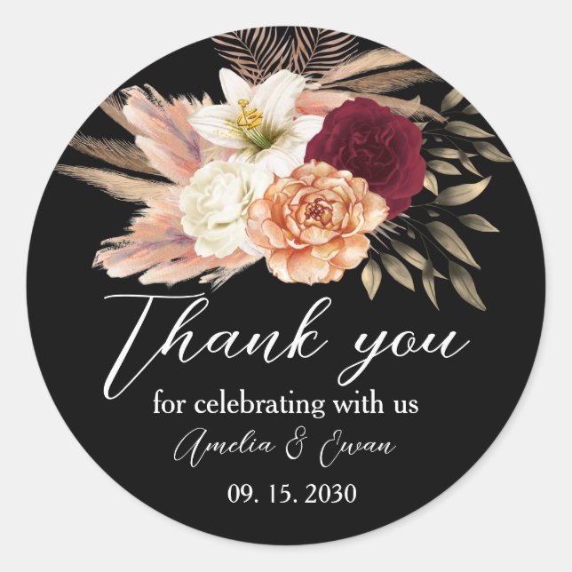 Adesivo Casamento Floral Negro Burgundy Obrigado Sticker (Frente)