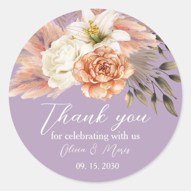 Adesivo Casamento Floral Pêssego e Roxo Obrigado Sticker (Frente)