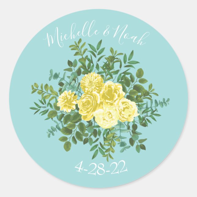 Adesivo Casamento Floral Primavera de Amarelo e Aqua Vinta (Frente)